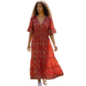 Max Studio Womens Midi Dress Sz XS Red Floral Print Shirred Waist Cottagecore